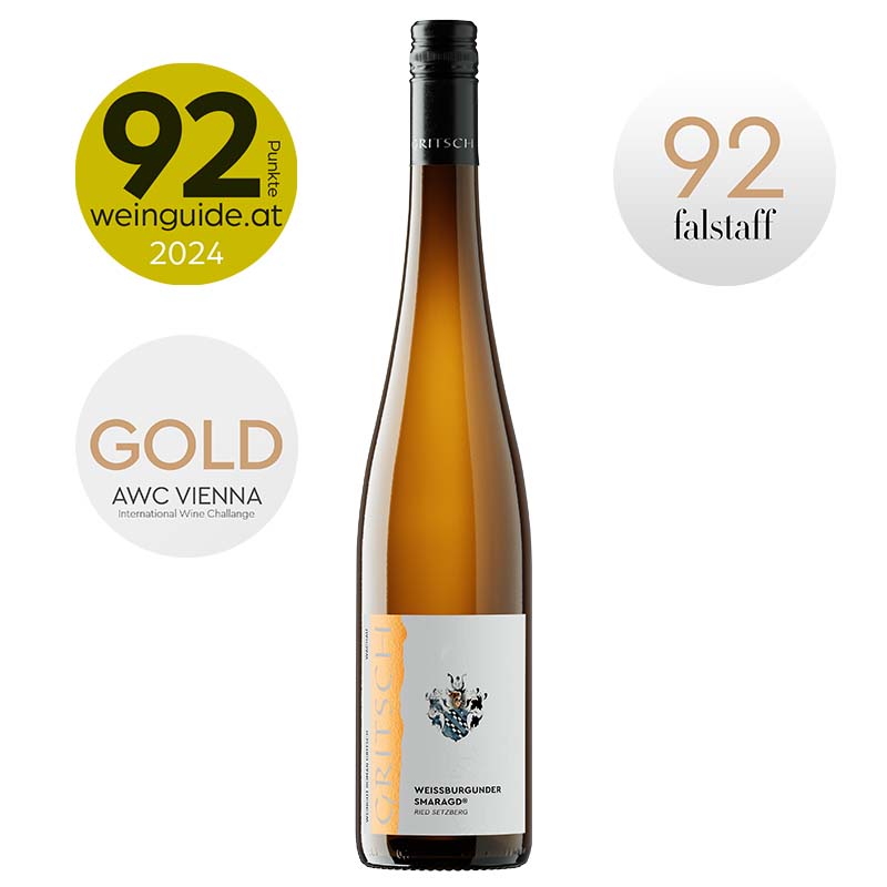 Flasche Weissburgunder Smaragd Ried Setzberg 2023 auf weissem Hintergrund