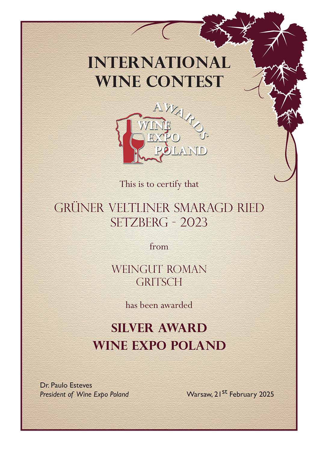 Weingut Roman Gritsch - Wine Expo Poland-International Wine Contest Poland - Grüner Veltliner Smaragd Ried Setzberg 2023