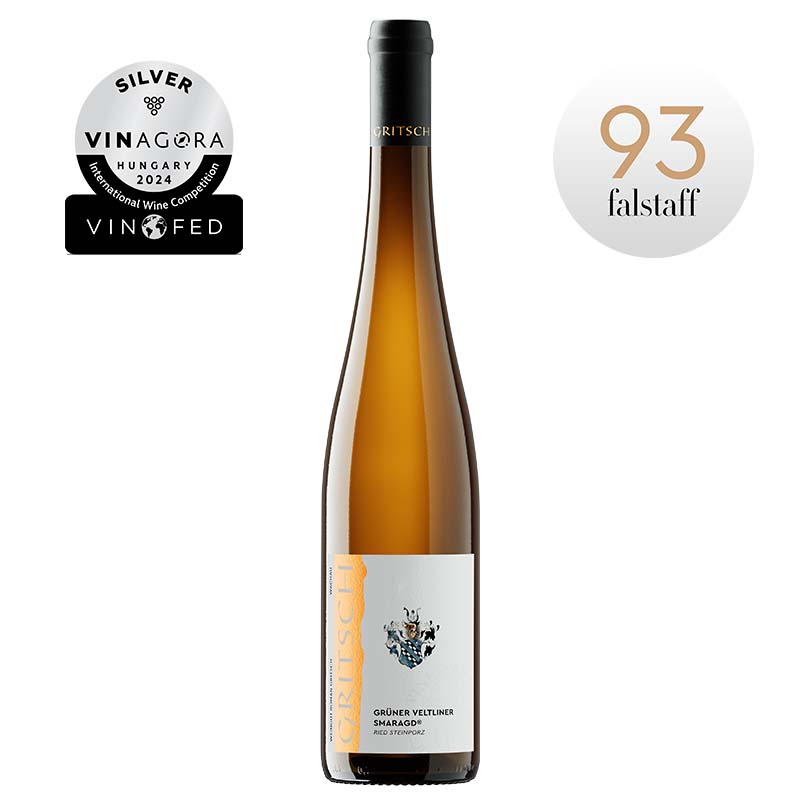 Weinflasche Grüner Veltliner Smaragd Ried Steinporz 2024 vom Weingut Roman Gritsch aus Spitz in der Wachau mit 93 Falstaff Punkten und VinAgora Silber.