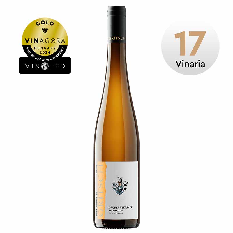Weinflasche Grüner Veltliner Smaragd Ried Setzberg 2024 vom Weingut Roman Gritsch aus Spitz in der Wachau mit VinAgora Gold und 17 Vinaria Punkten.