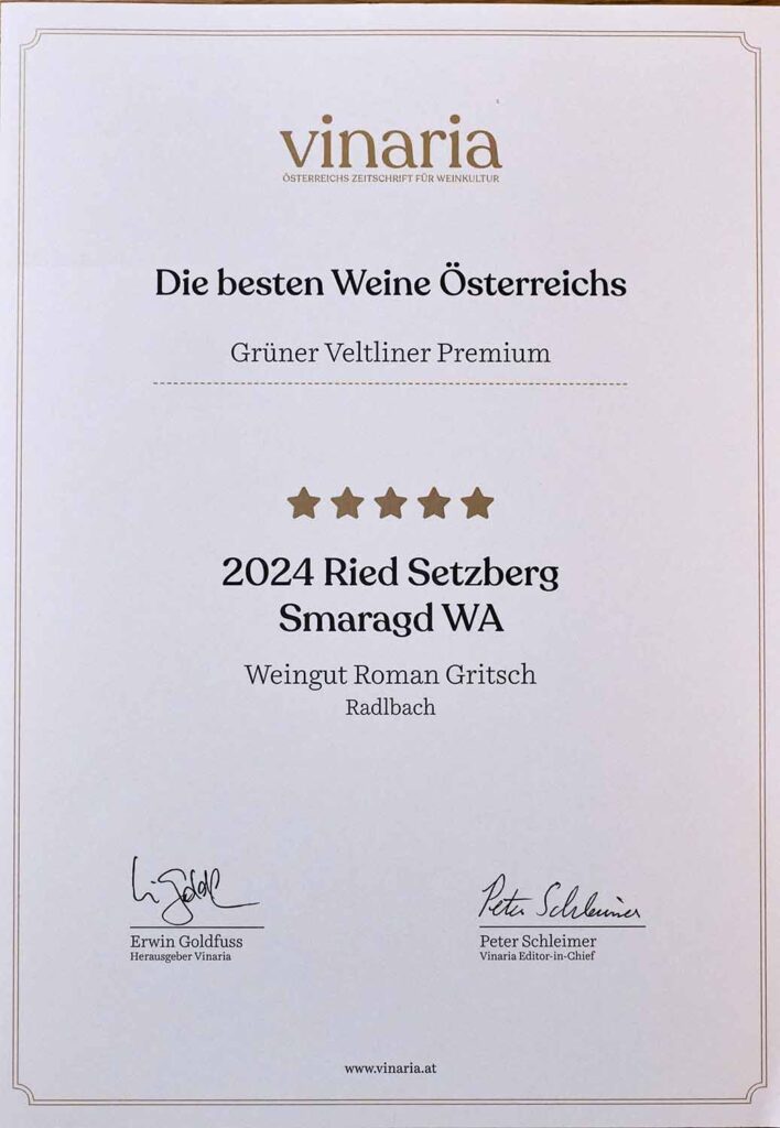 Vinaria Urkunde für Weingut Roman Gritsch – 5 Sterne Grüner Veltliner Premium Ried Setzberg Smaragd 2024.