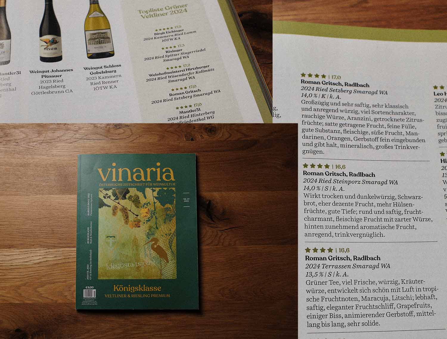 Vinaria-Magazin „Königsklasse Grüner Veltliner 2024“ mit Verkostungsnotizen und Bewertungen der Grünen Veltliner Smaragd vom Weingut Roman Gritsch aus der Wachau.