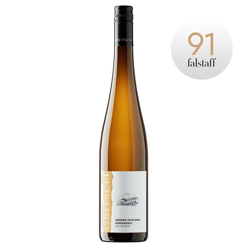 Flasche Grüner Veltliner Federspiel Ried Setzberg 2025 vom Weingut Gritsch mit Auszeichnung 91 Punkte Falstaff.