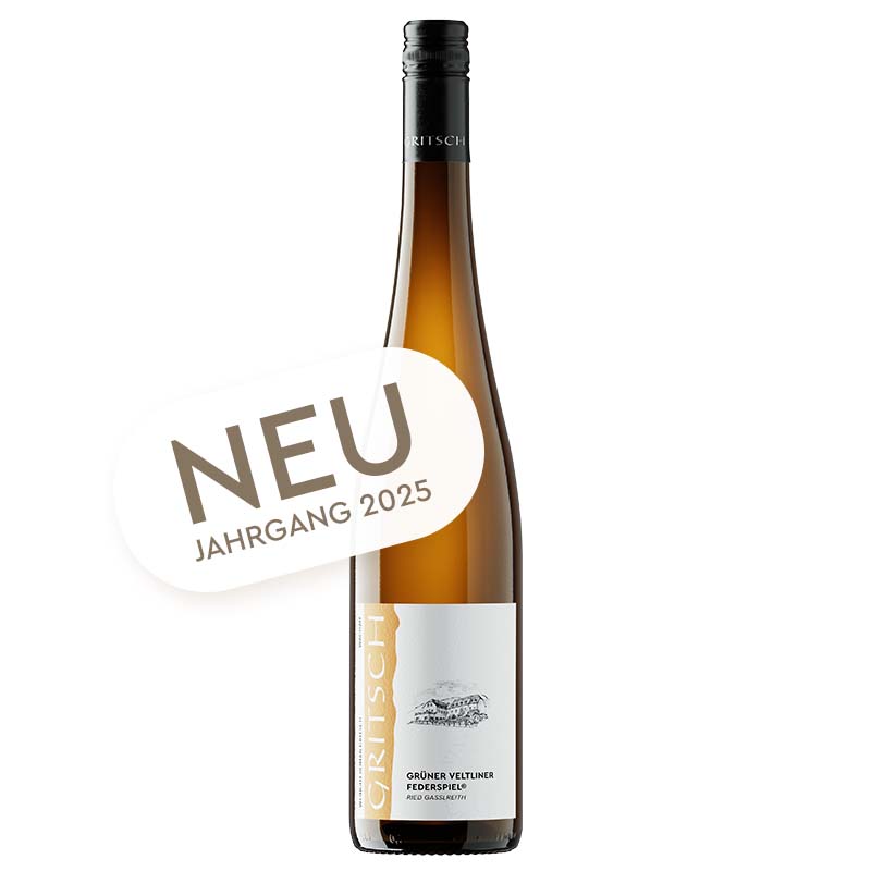 Flasche Grüner Veltliner Federspiel Ried Gasslreith 2025 vom Weingut Roman Gritsch mit Hinweis „Neuer Jahrgang 2025“.