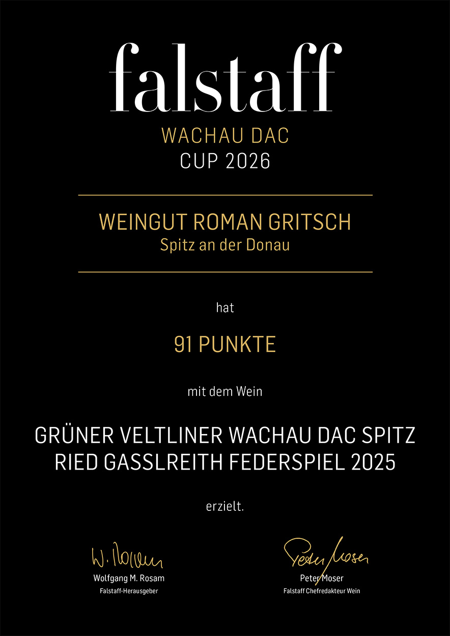 Falstaff Urkunde für Roman Gritsch: 91 Punkte für Grüner Veltliner Wachau DAC Spitz Ried Gasslreith Federspiel 2025.