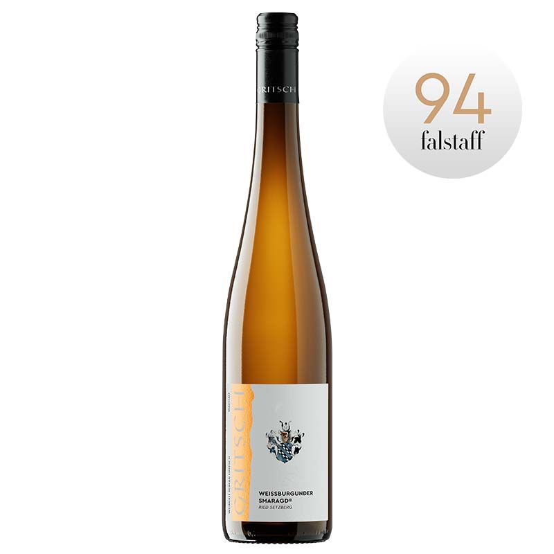 Flasche Weißburgunder Smaragd Ried Setzberg 2025 vom Weingut Gritsch mit 92 Punkte Falstaff Auszeichnung.